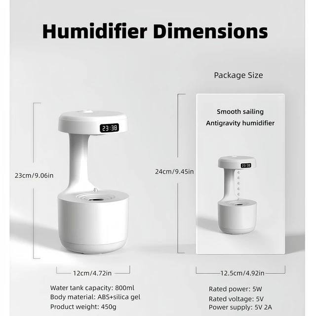 Alt view image 5 of 7 - Humidifiers for Bedroom, 800ml Cool Mist Air Humidifier, Anti-Gravity Digital Humidifier with LED Display, Quiet Knob Control for Bedroom, Plants, Nursery, Office - White