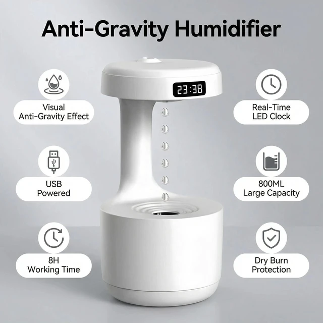 Alt view image 2 of 7 - Humidifiers for Bedroom, 800ml Cool Mist Air Humidifier, Anti-Gravity Digital Humidifier with LED Display, Quiet Knob Control for Bedroom, Plants, Nursery, Office - White