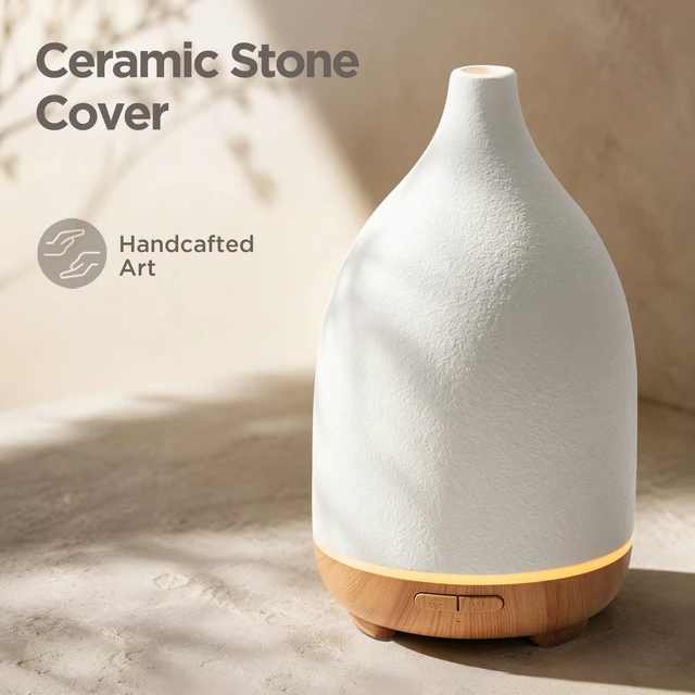 Alt view image 2 of 6 - 150ml Ceramic Essential Oil Diffuser, Diffusers for Home, Yellow | Ceramic Stone Cover, Cool Mist Humidifier, Aromatherapy, 7 Colors Light, Up to 10hrs, Large Room, Ultrasonic, Quiet, Auto Off