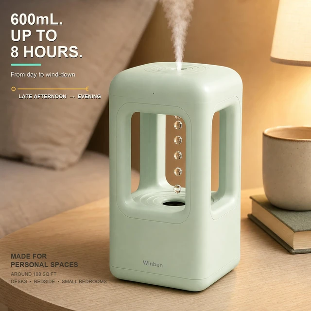 Alt view image 6 of 7 - 600mL Mini Cool Mist Humidifier with Anti-Gravity Water Drop Display for Desk, Home Office and Indoor Plants, Plug-In, Green