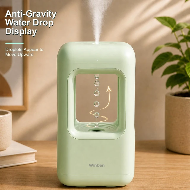 Alt view image 4 of 7 - 600mL Mini Cool Mist Humidifier with Anti-Gravity Water Drop Display for Desk, Home Office and Indoor Plants, Plug-In, Green