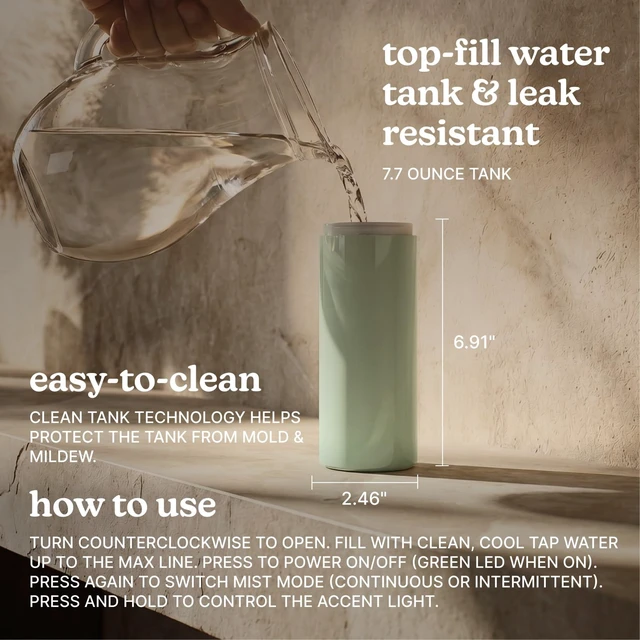 Alt view image 7 of 7 - Portable Ultrasonic Humidifier, USB Rechargeable Aromatherapy Cool Mist Humidifier with 7.7 oz Easy-Fill Tank, Continuous & Intermittent Mist, 7-Color Nightlight, Auto Shutoff (Green Sage)