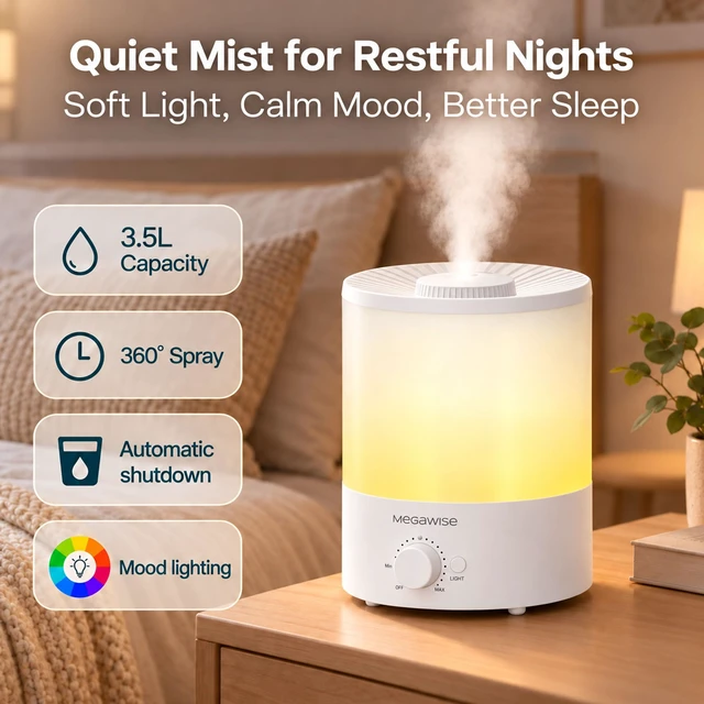 Alt view image 2 of 7 - 3.5L Quiet Humidifier, 7-Color Light, Auto Shut-Off, Cool Mist | MEGAWISE 3.5L Humidifier, 7-color light, 24dB, 360° mist, auto shut-offgreat for bedrooms & nurseries!