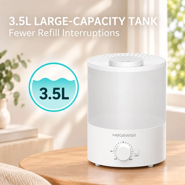 Alt view image 7 of 7 - 3.5L Quiet Humidifier, 7-Color Light, Auto Shut-Off, Cool Mist | MEGAWISE 3.5L Humidifier, 7-color light, 24dB, 360° mist, auto shut-offgreat for bedrooms & nurseries!