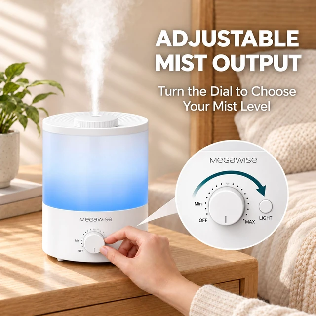 Alt view image 6 of 7 - 3.5L Quiet Humidifier, 7-Color Light, Auto Shut-Off, Cool Mist | MEGAWISE 3.5L Humidifier, 7-color light, 24dB, 360° mist, auto shut-offgreat for bedrooms & nurseries!