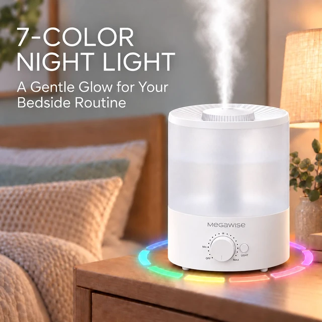 Alt view image 5 of 7 - 3.5L Quiet Humidifier, 7-Color Light, Auto Shut-Off, Cool Mist | MEGAWISE 3.5L Humidifier, 7-color light, 24dB, 360° mist, auto shut-offgreat for bedrooms & nurseries!