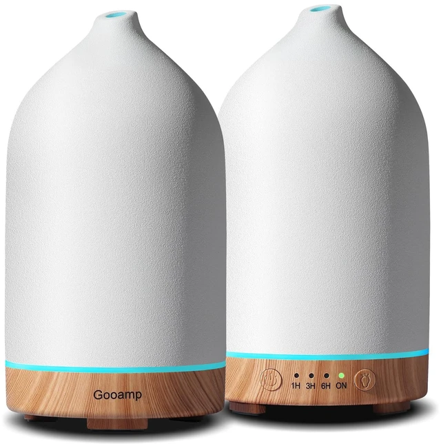 Main image of Ceramic Essential Oil Diffuser for Home (Set of 2) Air Humidifier | 200ML Ultrasonic Aromatherapy Diffuser & Humidifier 7 LED Lights, Auto Shut-Off, Wood Base, 3 Timers for Bedroom,Office,Yoga