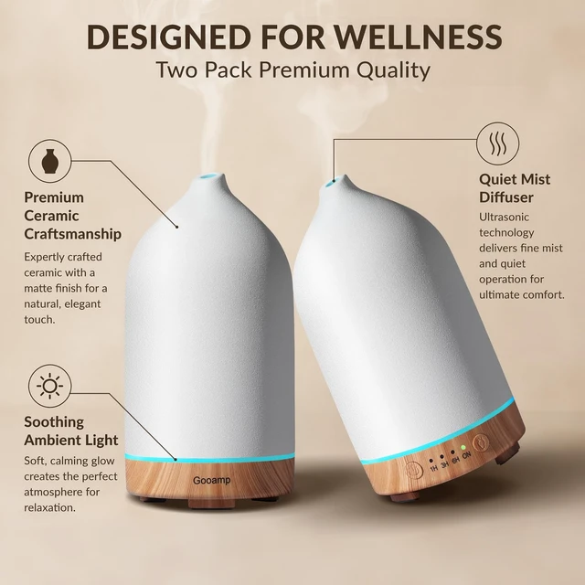 Alt view image 2 of 7 - Ceramic Essential Oil Diffuser for Home (Set of 2) Air Humidifier | 200ML Ultrasonic Aromatherapy Diffuser & Humidifier 7 LED Lights, Auto Shut-Off, Wood Base, 3 Timers for Bedroom,Office,Yoga