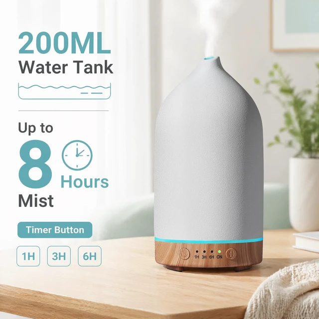 Alt view image 3 of 7 - Ceramic Essential Oil Diffuser for Home (Set of 2) Air Humidifier | 200ML Ultrasonic Aromatherapy Diffuser & Humidifier 7 LED Lights, Auto Shut-Off, Wood Base, 3 Timers for Bedroom,Office,Yoga