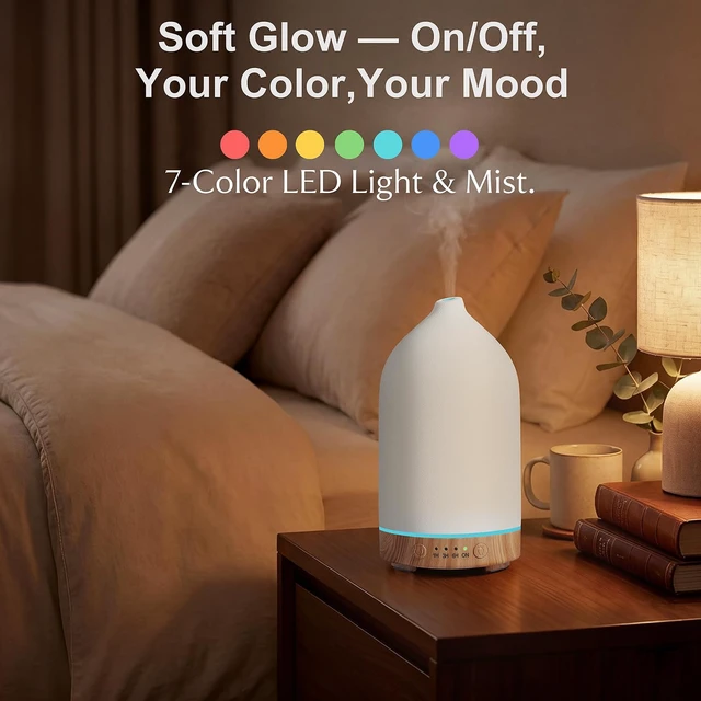 Alt view image 5 of 7 - Ceramic Essential Oil Diffuser for Home (Set of 2) Air Humidifier | 200ML Ultrasonic Aromatherapy Diffuser & Humidifier 7 LED Lights, Auto Shut-Off, Wood Base, 3 Timers for Bedroom,Office,Yoga