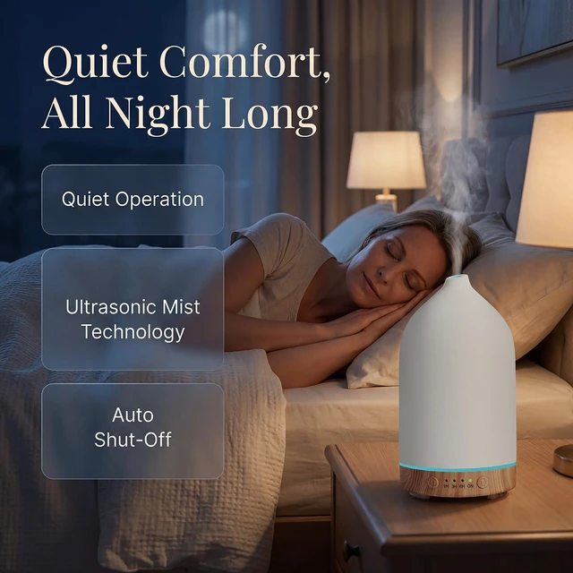 Alt view image 6 of 7 - Ceramic Essential Oil Diffuser for Home (Set of 2) Air Humidifier | 200ML Ultrasonic Aromatherapy Diffuser & Humidifier 7 LED Lights, Auto Shut-Off, Wood Base, 3 Timers for Bedroom,Office,Yoga