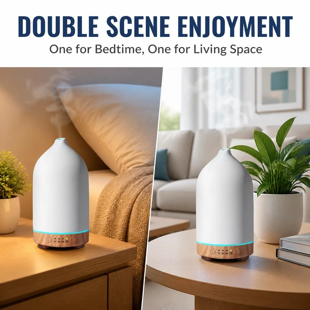 Alt view image 7 of 7 - Ceramic Essential Oil Diffuser for Home (Set of 2) Air Humidifier | 200ML Ultrasonic Aromatherapy Diffuser & Humidifier 7 LED Lights, Auto Shut-Off, Wood Base, 3 Timers for Bedroom,Office,Yoga