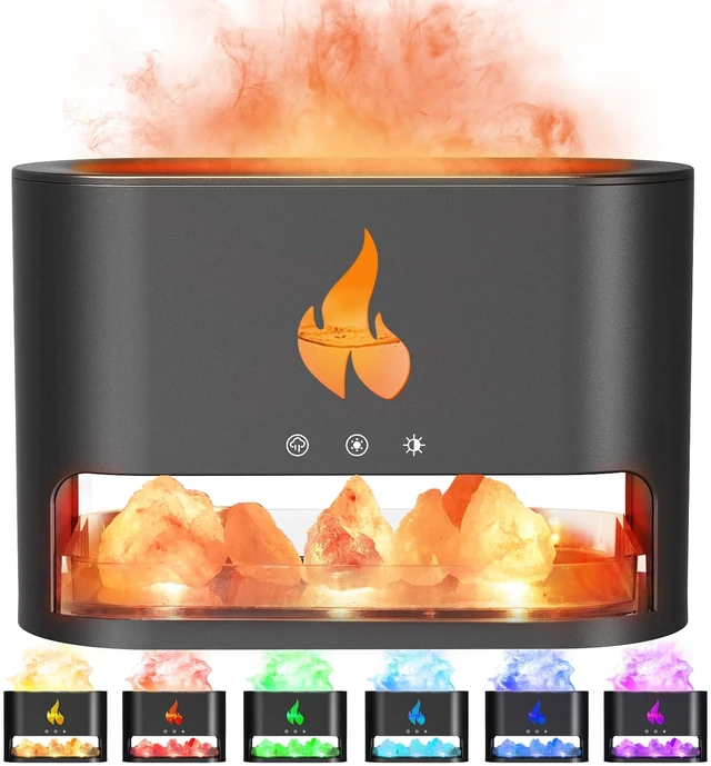 Main image of Essential Oil Diffuser, Fireplace Flame Fire Oil Diffuser, 250ml Himalayan Salt Lamp Diffuser, Cool Mist Aromatherapy Humidifier with 7 Colors Light, Timer & Auto-Off for Home, Room (Black)