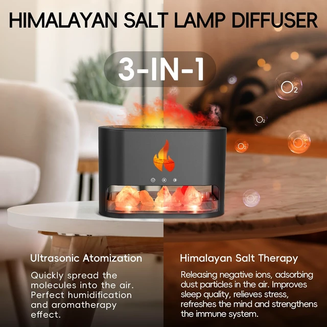 Alt view image 5 of 7 - Essential Oil Diffuser, Fireplace Flame Fire Oil Diffuser, 250ml Himalayan Salt Lamp Diffuser, Cool Mist Aromatherapy Humidifier with 7 Colors Light, Timer & Auto-Off for Home, Room (Black)