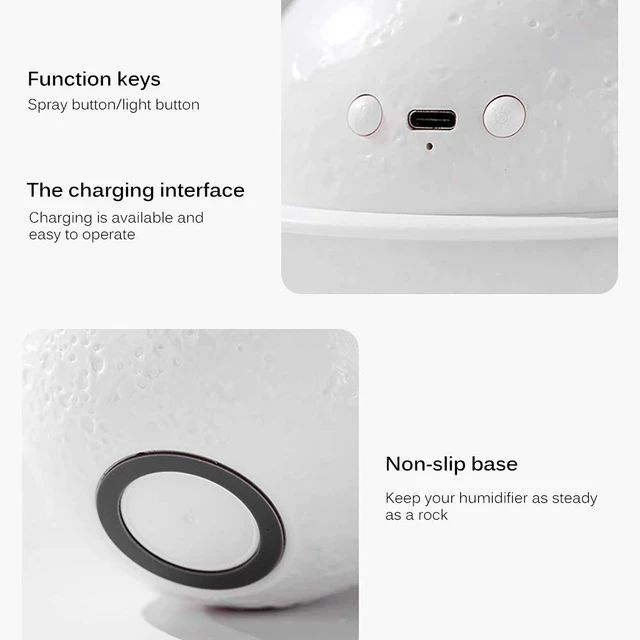 Alt view image 7 of 7 - Moon Lamp Humidifier, 200ml Moon Night Light&Humidifiers with USB Recharge | 3 Colors 3D LED Moon Light with Stand, 2 in 1 Aromatherapy Diffuser for Kids Friend Lover Birthday Gift Bedroom Home Decor