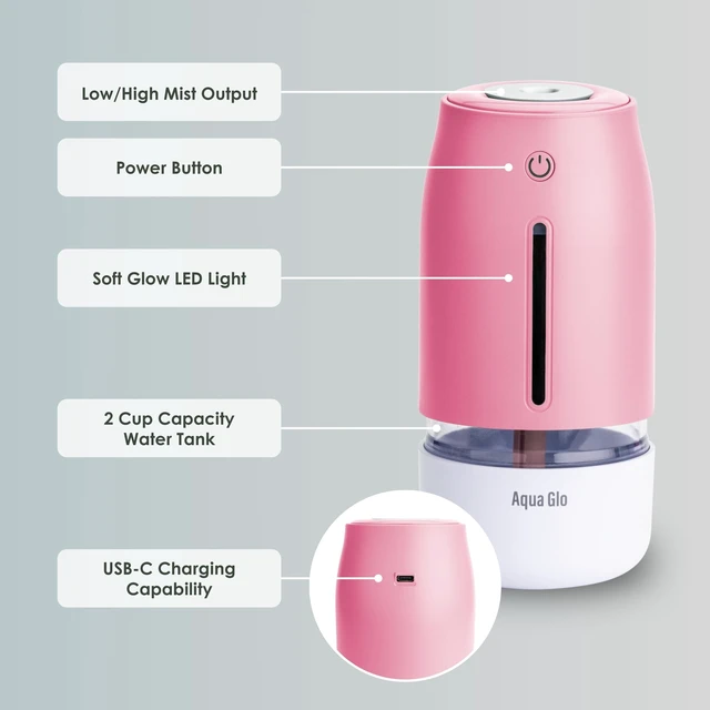 Alt view image 3 of 7 - Aqua Glo Personal, Portable Humidifiers for Bedroom, Rose Quartz