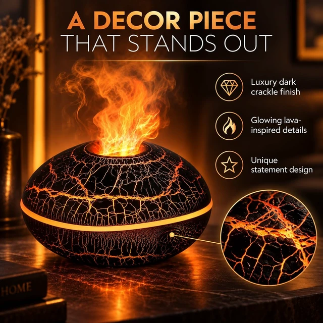 Alt view image 4 of 6 - Flame Aroma Diffuser, Dark Crackle Design, Flame Effect Humidifier for Home | Auto Shut Off for Bedroom Home Office DecorLuxury Volcano Fire Essential Oil Diffuser with Realistic Flame Effect