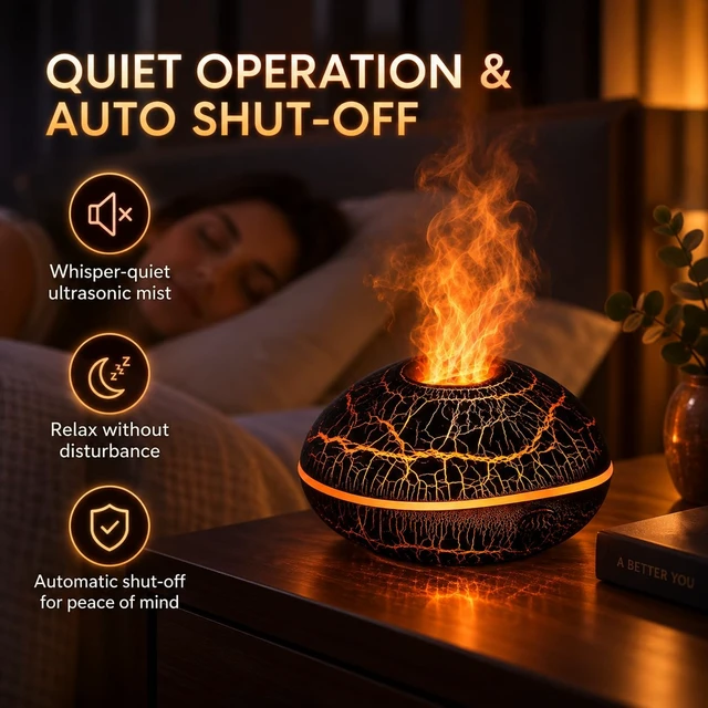 Alt view image 3 of 6 - Flame Aroma Diffuser, Dark Crackle Design, Flame Effect Humidifier for Home | Auto Shut Off for Bedroom Home Office DecorLuxury Volcano Fire Essential Oil Diffuser with Realistic Flame Effect