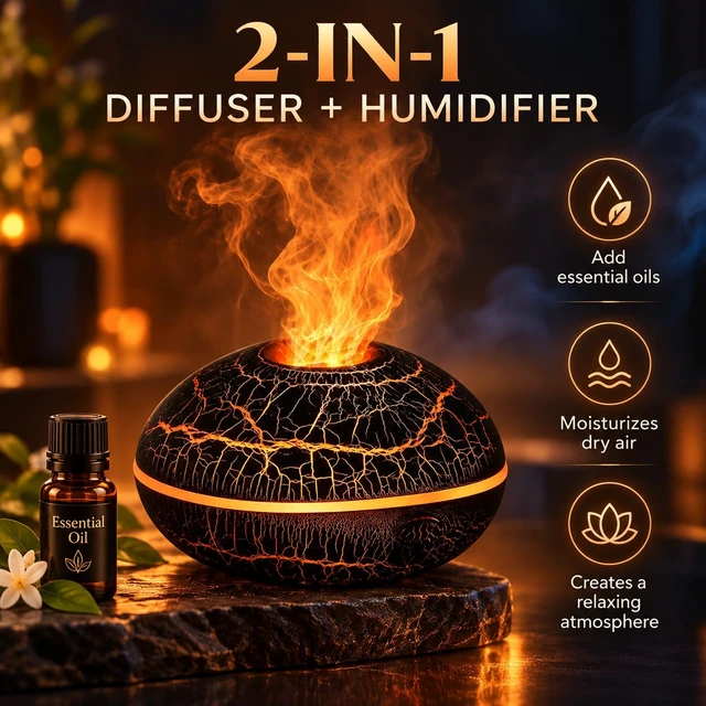 Alt view image 6 of 6 - Flame Aroma Diffuser, Dark Crackle Design, Flame Effect Humidifier for Home | Auto Shut Off for Bedroom Home Office DecorLuxury Volcano Fire Essential Oil Diffuser with Realistic Flame Effect