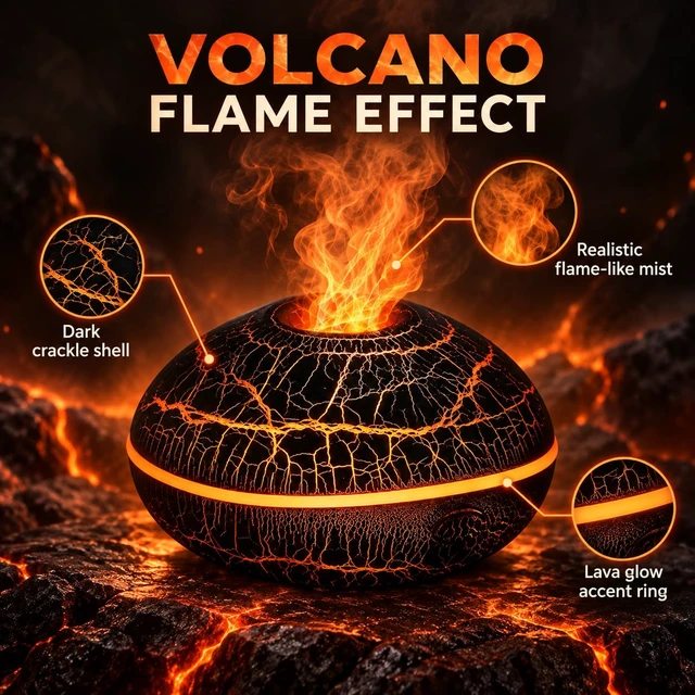 Alt view image 2 of 6 - Flame Aroma Diffuser, Dark Crackle Design, Flame Effect Humidifier for Home | Auto Shut Off for Bedroom Home Office DecorLuxury Volcano Fire Essential Oil Diffuser with Realistic Flame Effect