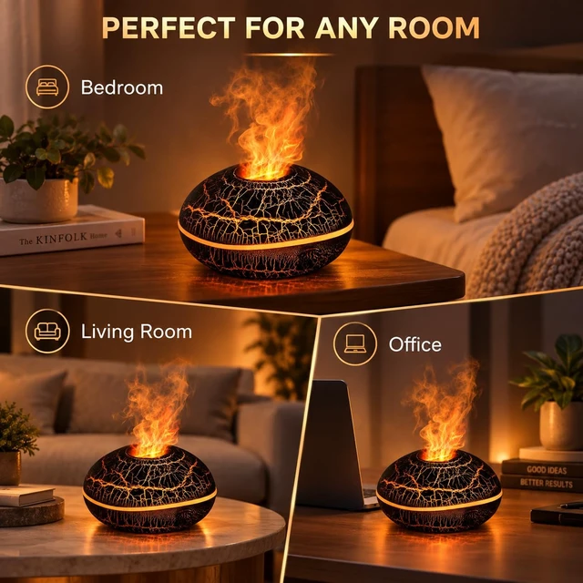 Alt view image 5 of 6 - Flame Aroma Diffuser, Dark Crackle Design, Flame Effect Humidifier for Home | Auto Shut Off for Bedroom Home Office DecorLuxury Volcano Fire Essential Oil Diffuser with Realistic Flame Effect