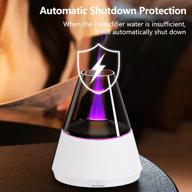 Alt view image 6 of 7 - Flame Essential Oil Diffuser, Upgrade 7 Colour Lights Aromatherapy Diffuser, Oil Diffuser, Air Humidifier, Aroma Diffusers for Home, Bedroom, Office, Yoga, Timer & Waterless Auto Off (White)