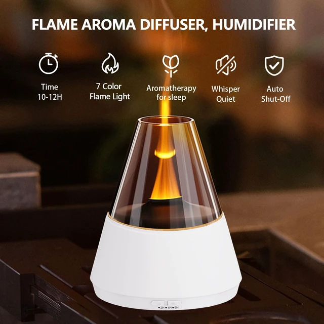 Alt view image 3 of 7 - Flame Essential Oil Diffuser, Upgrade 7 Colour Lights Aromatherapy Diffuser, Oil Diffuser, Air Humidifier, Aroma Diffusers for Home, Bedroom, Office, Yoga, Timer & Waterless Auto Off (White)