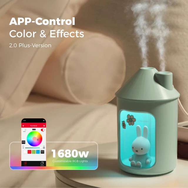 Alt view image 3 of 7 - X Miffy Double Spray Humidifier 2.0 Smart App-Control RGB LED, Mini Cute Humidifier with Night Light, 500ml for Bedroom, Nursery/Office - Blue