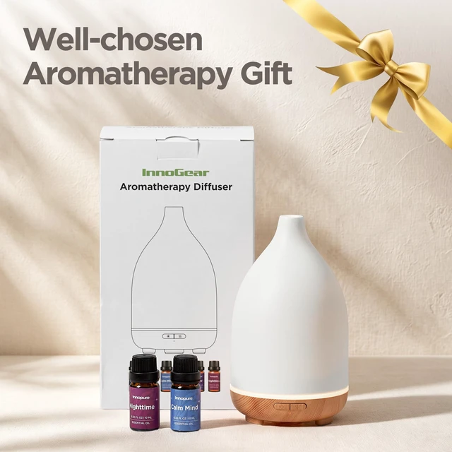 Alt view image 4 of 7 - 150ml Ceramic Diffuser for Home & 6 Essential Oils Scent Gift Set | Ceramic Stone Cover, Cool Mist Humidifier, Aromatherapy, Up to 10hrs, Large Room, 7 Colors Light, Ultrasonic, Quiet, Auto Off