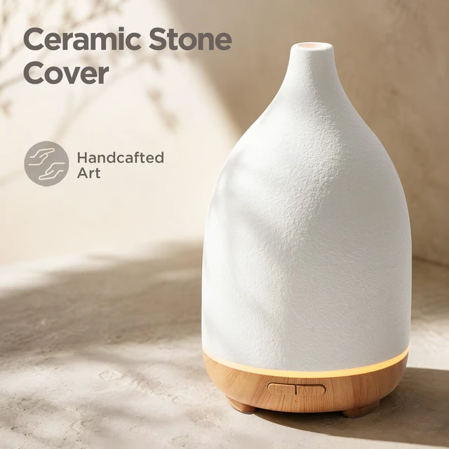 Alt view image 5 of 7 - 150ml Ceramic Diffuser for Home & 6 Essential Oils Scent Gift Set | Ceramic Stone Cover, Cool Mist Humidifier, Aromatherapy, Up to 10hrs, Large Room, 7 Colors Light, Ultrasonic, Quiet, Auto Off