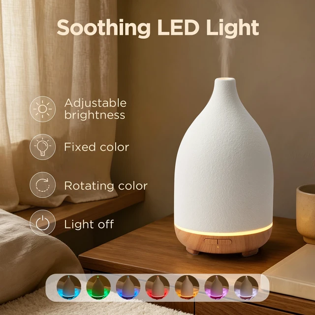 Alt view image 7 of 7 - 150ml Ceramic Diffuser for Home & 6 Essential Oils Scent Gift Set | Ceramic Stone Cover, Cool Mist Humidifier, Aromatherapy, Up to 10hrs, Large Room, 7 Colors Light, Ultrasonic, Quiet, Auto Off