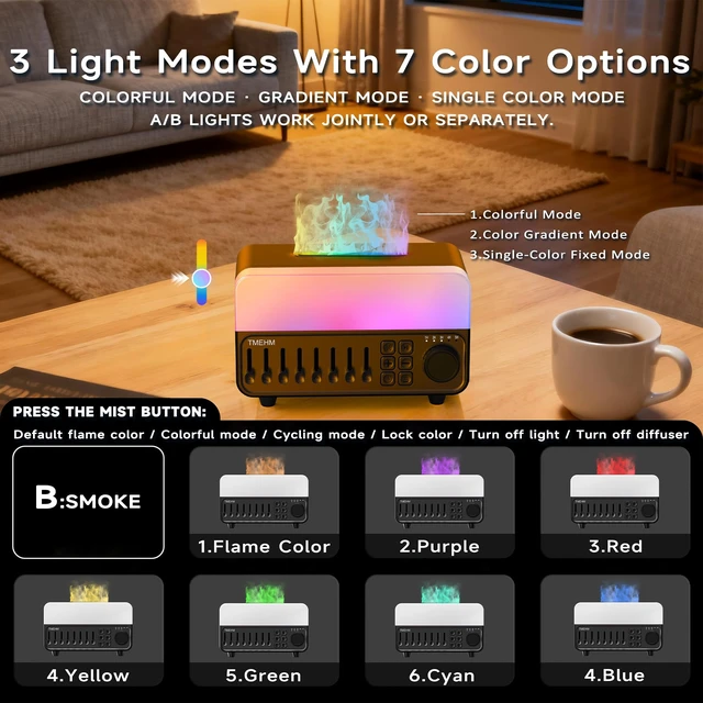 Alt view image 5 of 7 - 4-in-1 White Noise Machine with Flame Aroma Diffuser | Bluetooth Speaker, 12-Color Night Light, 8 Mixable Nature Sounds and Sleep Timer for Babies, Kids and Adults