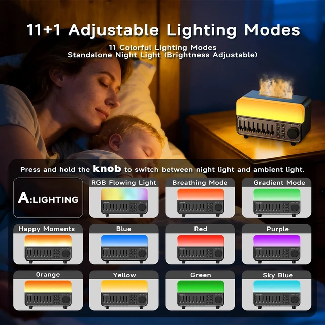 Alt view image 4 of 7 - 4-in-1 White Noise Machine with Flame Aroma Diffuser | Bluetooth Speaker, 12-Color Night Light, 8 Mixable Nature Sounds and Sleep Timer for Babies, Kids and Adults