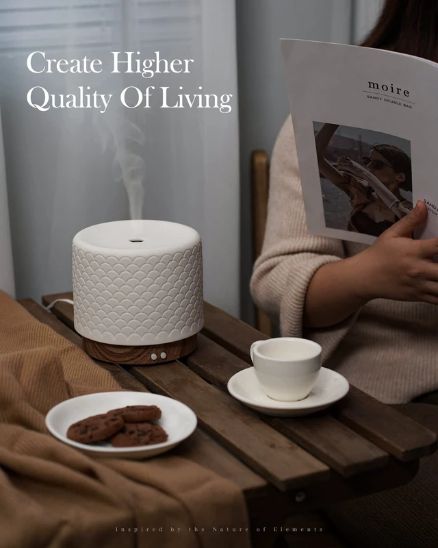 Alt view image 6 of 7 - Essential Oil Diffuser - 280ml Ceramic Diffuser for Large Room & Commercial Use, 2.4MHz Aromatherapy Diffuser with Cool Mist Humidifier & Night Light, Ideal for Bedroom, Office, Yoga, Spa, Gifts