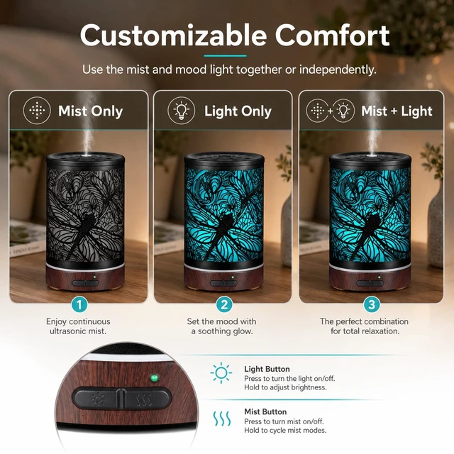 Alt view image 3 of 7 - Essential Oils Diffuser,Aromatherapy Diffuser,Birthday for Women Mom Grandma,Metal Cool Mist Humidifier with 7 Colors Lights Waterless Auto Off Air Diffusers (Dragonfly)