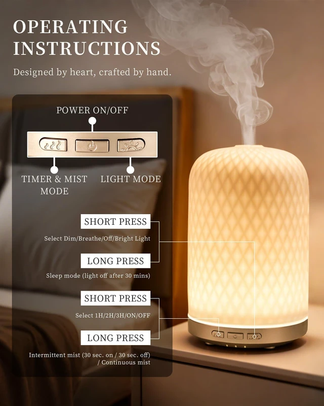 Alt view image 3 of 6 - Essential Oil Diffuser - 2.4 MHz Ultrasonic Ceramic Diffuser with Pulse/Continuous Mist & 3 Night Light Modes, Waterless Auto-Off, Silent Aromatherapy Diffuser for Home, Office, Gifting & Home Decor