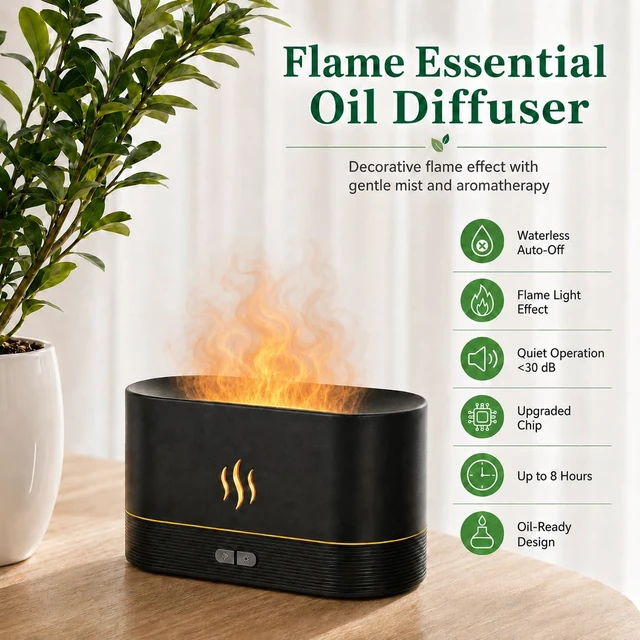 Alt view image 2 of 7 - Flame Air Diffuser Humidifier, 180ML Essential Oil Diffuser with Fire Mist Effect, Ultrasonic Aroma Diffuser, 2 Brightness Modes, Auto-Off, for Bedroom Home Office(Black)