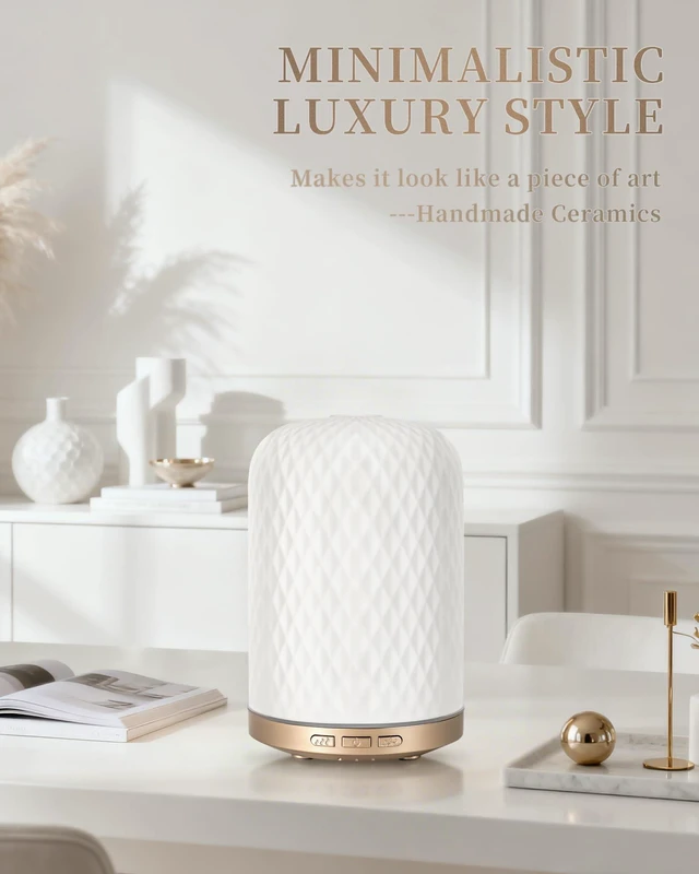 Alt view image 4 of 6 - Essential Oil Diffuser - 2.4 MHz Ultrasonic Ceramic Diffuser with Pulse/Continuous Mist & 3 Night Light Modes, Waterless Auto-Off, Silent Aromatherapy Diffuser for Home, Office, Gifting & Home Decor