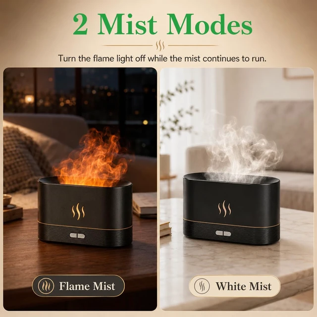 Alt view image 4 of 7 - Flame Air Diffuser Humidifier, 180ML Essential Oil Diffuser with Fire Mist Effect, Ultrasonic Aroma Diffuser, 2 Brightness Modes, Auto-Off, for Bedroom Home Office(Black)