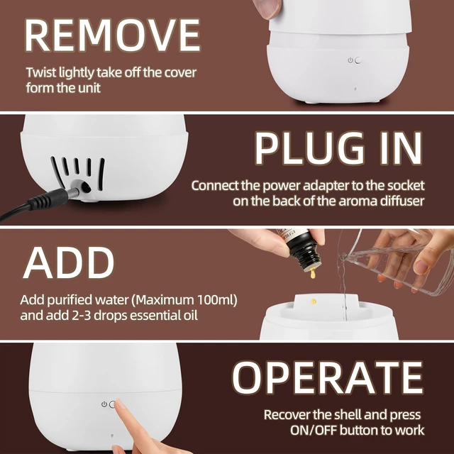 Alt view image 7 of 7 - Essential Oil Diffuser,Cool Mist Humidifier with 2 Modes, Auto-Off Function | Small Ultrasonic Aromatherapy Diffuser, Fragrance Aroma Diffuser for Bedroom, Home Essentials, Scent Diffuser 100ml, White
