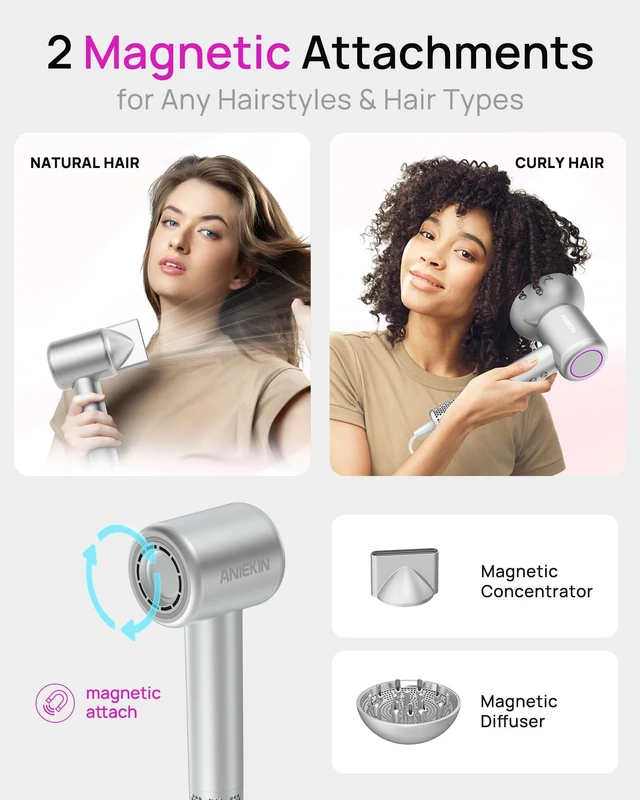 Alt view image 5 of 7 - Hair Dryer, High-Speed Ionic Low Noise Blow Dryer with Brushless Motor for Fast Drying, Thermo-Control Quiet Compact Hair Blow Dryer with Magnetic Diffuser for Curly Hair for Home Travel Salon