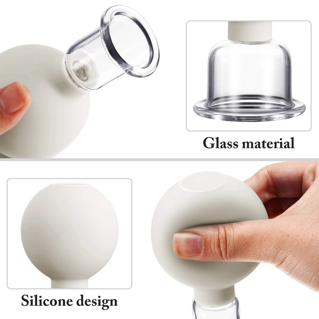 Alt view image 3 of 6 - 4 Pcs Glass Facial Cupping Set Vacuum Massage Cups,White | Silicone Suction, Glass Facial Cupping Set, for Skin Tightening Face Body Eyes Back Pain Relief Anti-aging Cupping Treatment