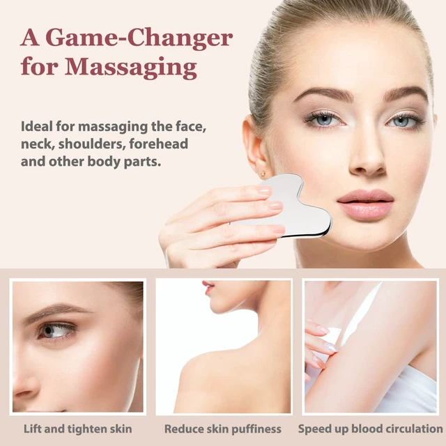 Alt view image 3 of 7 - Stainless Steel Gua Sha and Face Roller Set, Facial Tool for Face Sculpting, Metal Skin Care, Massager for Women