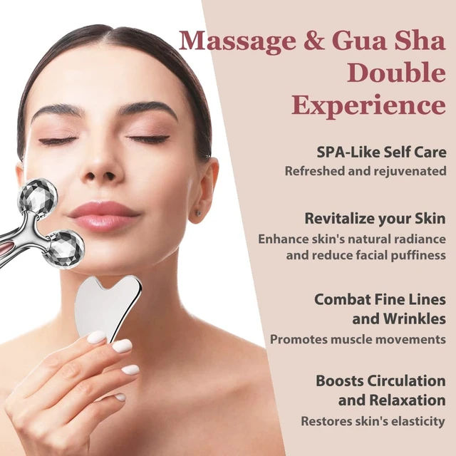 Alt view image 2 of 7 - Stainless Steel Gua Sha and Face Roller Set, Facial Tool for Face Sculpting, Metal Skin Care, Massager for Women