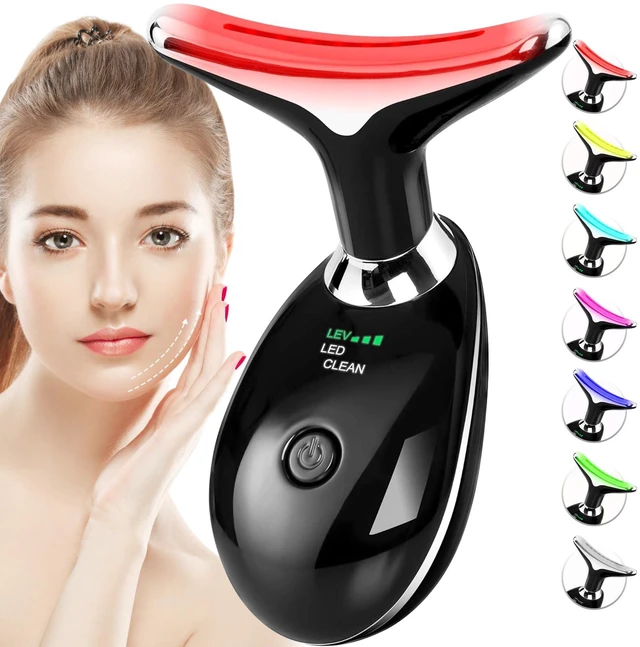 Main image of Red-Light-Therapy-for-Face-and-Neck, 7 Color Face Massager Tool for Wrinkles, Double Chin, Vibrating Facial Massager with Thermals for Skin Care, Glossy Black