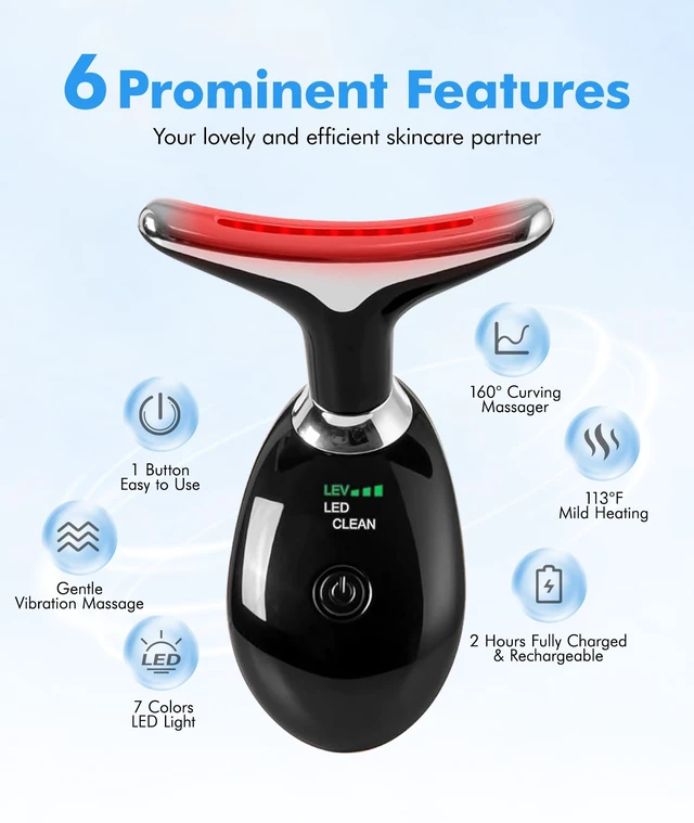 Alt view image 3 of 7 - Red-Light-Therapy-for-Face-and-Neck, 7 Color Face Massager Tool for Wrinkles, Double Chin, Vibrating Facial Massager with Thermals for Skin Care, Glossy Black