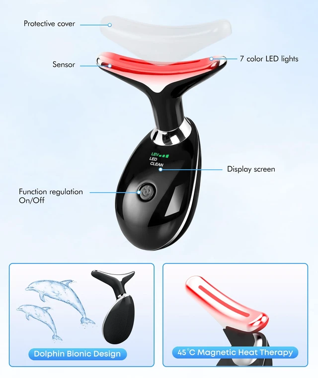 Alt view image 4 of 7 - Red-Light-Therapy-for-Face-and-Neck, 7 Color Face Massager Tool for Wrinkles, Double Chin, Vibrating Facial Massager with Thermals for Skin Care, Glossy Black