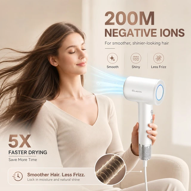 Alt view image 3 of 7 - Hair Dryer, Ionic High-Speed Lightweight Blow Dryer, Silver White | 110,000RPM Brushless Motor Fast Drying, 200M Negative Ions, Compact Low Noise Thermo-Control for Women & Men Home