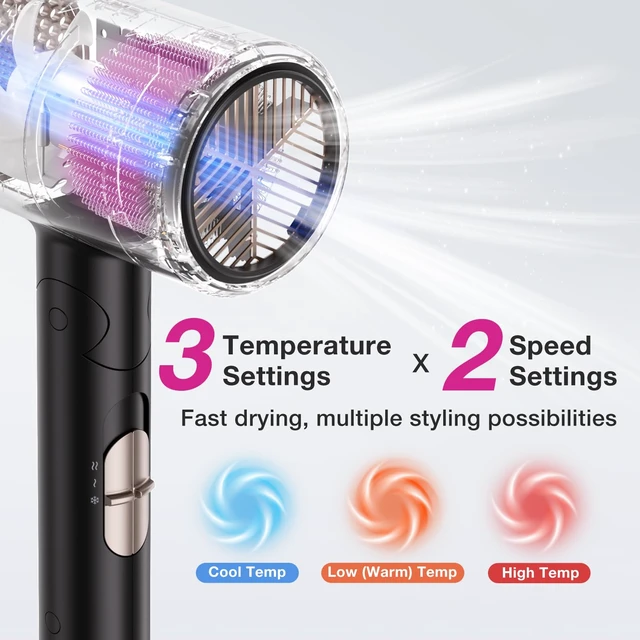 Alt view image 6 of 7 - 1875W Hair Dryer with Diffuser, Ionic Foldable Blow Dryer, Black | Fast Drying for Frizzy, Curly & All Hair Types, 3 Heat & 2 Speed, Concentrator & Diffuser, Compact for Home, Women & Men