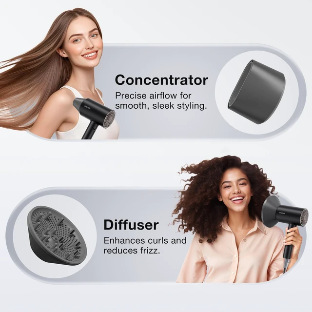 Alt view image 7 of 7 - 1875W Hair Dryer with Diffuser, Ionic Foldable Blow Dryer, Black | Fast Drying for Frizzy, Curly & All Hair Types, 3 Heat & 2 Speed, Concentrator & Diffuser, Compact for Home, Women & Men